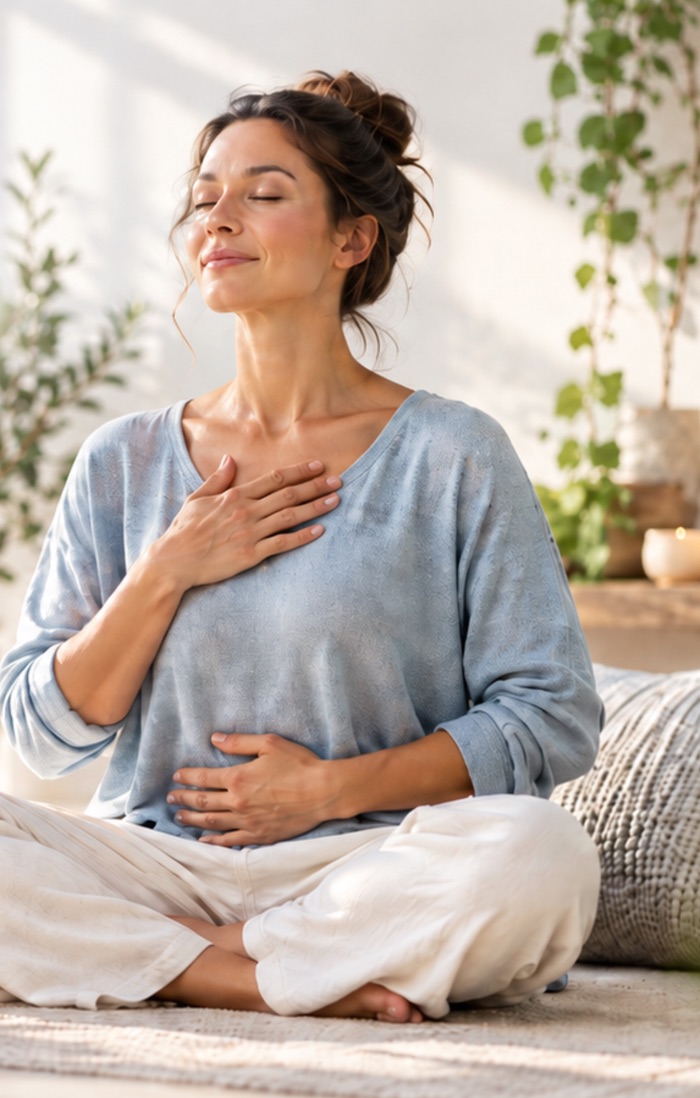 A woman sitting cross-legged with one hand on her chest and one on her belly, breathing with her eyes closed